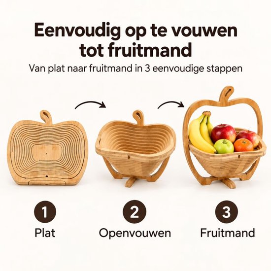 Ceruzo Fruitmand Opvouwbaar - Bamboe - 27x22x30 cm - 2-in-1 - Fruitmand Onderzetter