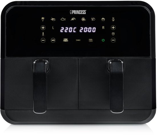 Princess Double Basket Airfryer 182068 - Dubbele Airfryer - 8 liter - 2 manden - XXL - 8 programma’s - 2400W - Dubbele heteluchtfriteuse - Touchscreen - Zwart - 80 °C tot 220°C - Sync functie