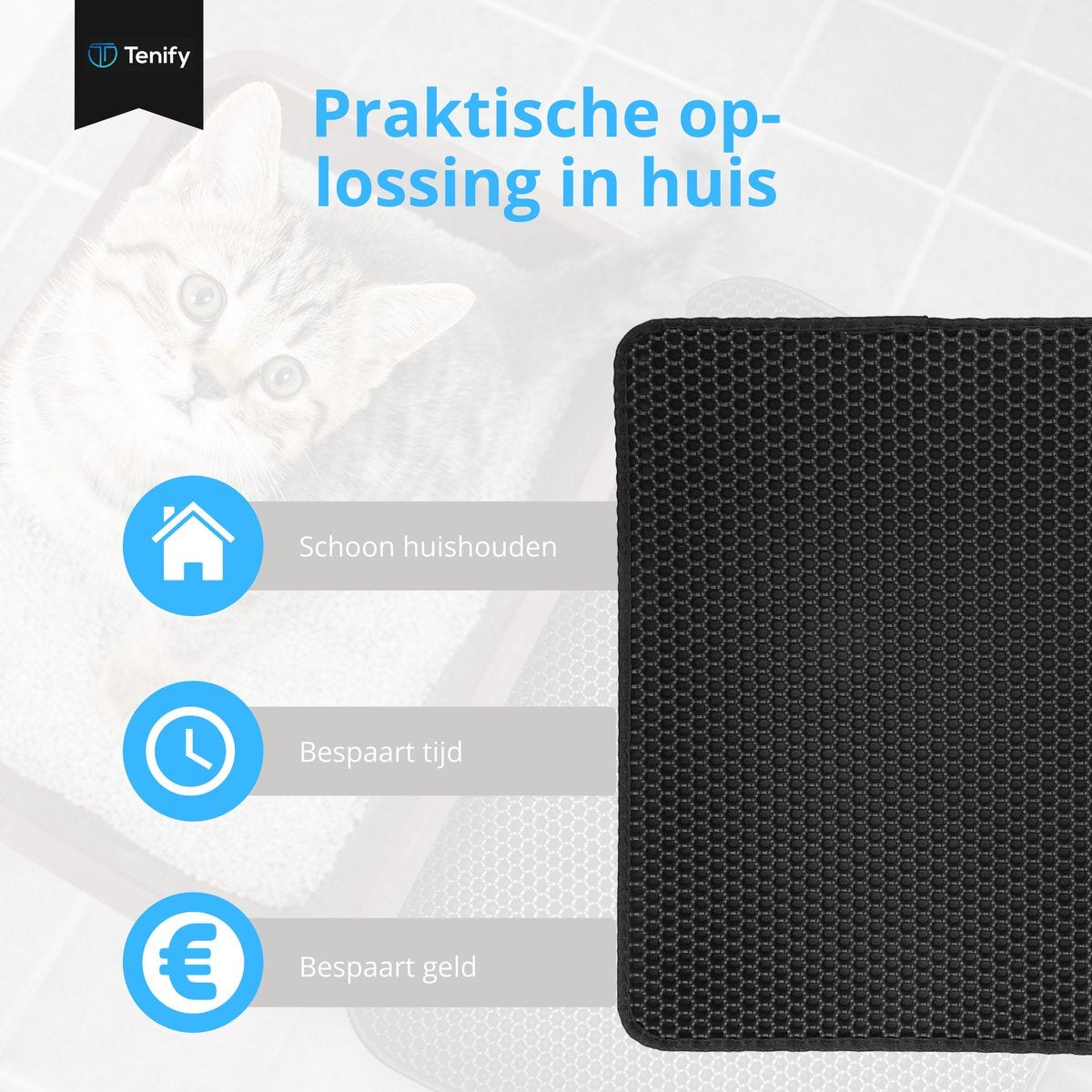 Tenify Kattenbakmat + Extra Kattenbak Schepje - 40 x 50 cm - Waterdicht - Dubbele laag - Honingraatstructuur - Uitloopmat - Mat