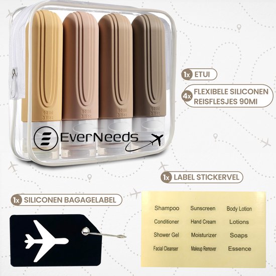 EverNeeds Reisflesjes Met Etui - Navulbaar - Siliconen Reisflesjes Handbagage - Licht Apricot - 4 Stuks
