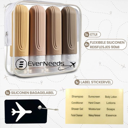 EverNeeds Reisflesjes Met Etui - Navulbaar - Siliconen Reisflesjes Handbagage - Licht Apricot - 4 Stuks