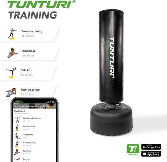 Tunturi Bokszak staand - Vrijstaande bokspaal - Makkelijk verplaatsbaar - 180 cm hoog - Met zand, grind of water vulbare voet - Zwart - Incl. gratis fitness app