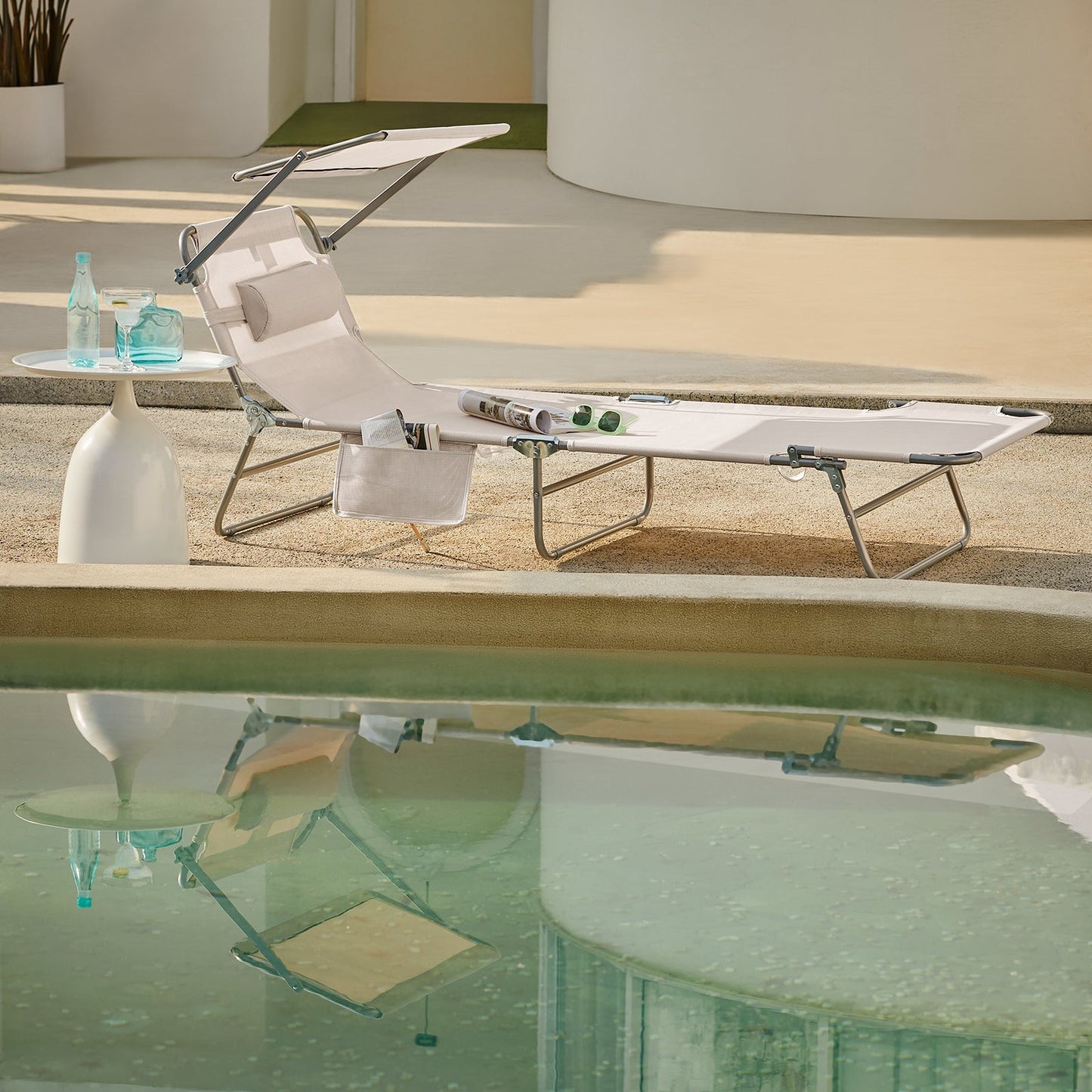 SoBuy Ligbed met Zonneklep - Opvouwbaar - Max. 120 kg - 195 x 63 x 30 cm - Beige