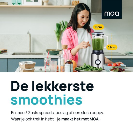 MOA Blender - BPA-Vrij - Smoothie Maker met 1,5L Glazen Kan - Voor Ijs, Bevroren Fruit, Noten - Mini - 1000W - RVS - Zilver