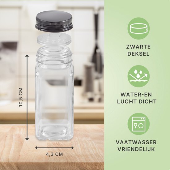 S.old - 36 Glazen Kruidenpotjes vierkant met Deksel Zwart - Kruidenstrooier - Complete set met Strooideksels, Voorbedrukte Stickers en Trechter - Inhoud 120 ml - 10,5 x 4,3 cm