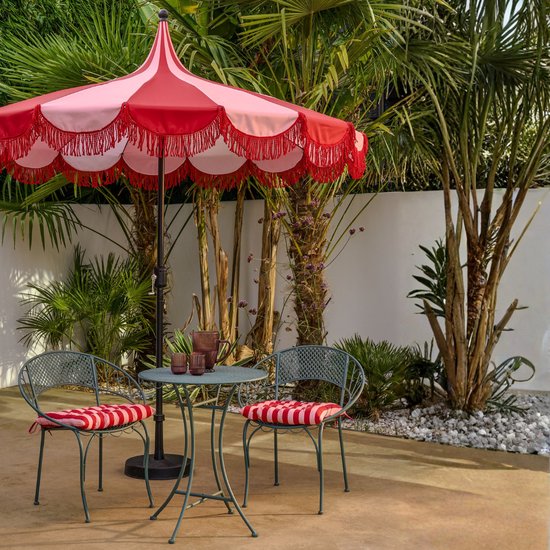 Mica Decorations Kim Gestreepte Parasol met Draagtas - Stokparasol 238 x Ø235 cm - Tuin of Balkonparasol - Polyester, Staal - Rood