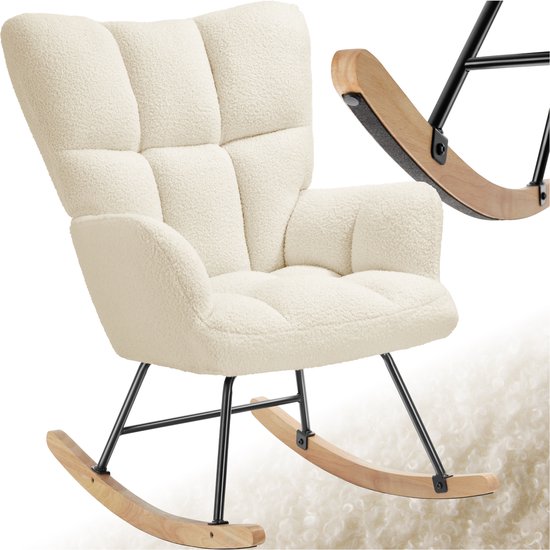 tectake® Schommelstoel Torve - Gestoffeerde Bouclé-Stof Schommelstoel in Scandi-Stijl - Relaxstoel met Houten Glijders, Zachte Bekleding en Hoge Rugleuning voor Optimaal Comfort - 70 x 96 x 97 cm - Beige
