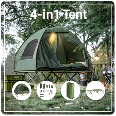 SoBuy – Campingbed Met Tent 2 Personen – 193 x 145 x 188 cm & 7-In-1 Set – Inclusief Luchtbed Schlafsäcken En Voetpomp – Voor Outdoor En Festivals – Groen Polyester En Metaal