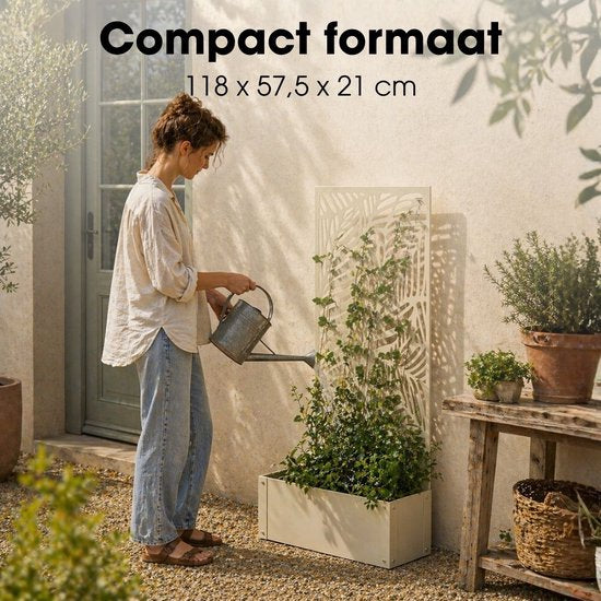 Mica Decorations Sapri Plantensteun - Plantenbak met Klimrek voor Klimplanten - Plantenstandaard Vrijstaand of tegen Muur - 57,5 x 21 x 118 cm - Off White