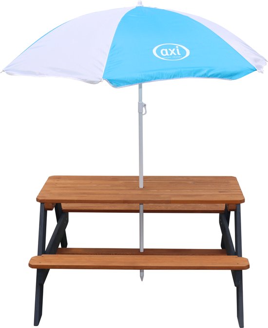 AXI Nick Picknicktafel Antraciet/bruin - Parasol Blauw/wit - Picknick tafel voor kinderen van FSC hout