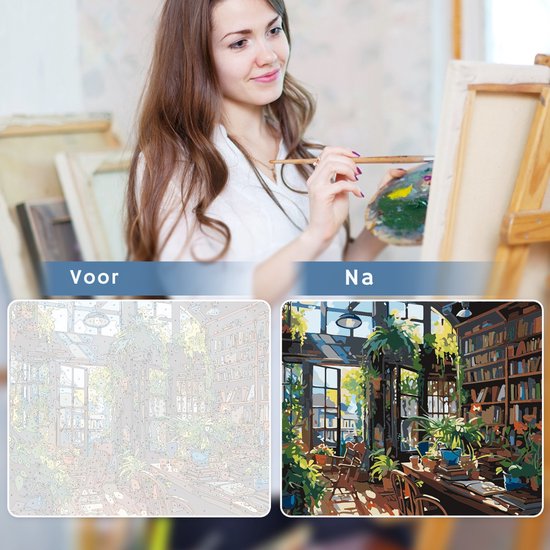 Rubye® Schilderen Op Nummer Volwassenen – Boekenkast – Inclusief Penselen – Canvas Schildersdoek – Kleuren op Nummer – 50x40cm