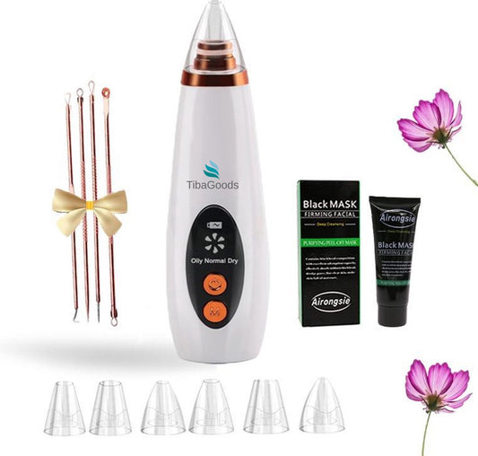 TibaGoods Premium Blackhead Remover I Poriënreiniger met 6 Opzetstukken Mee eters verwijderen | Acne | Comedonenlepels | Huidverzorging