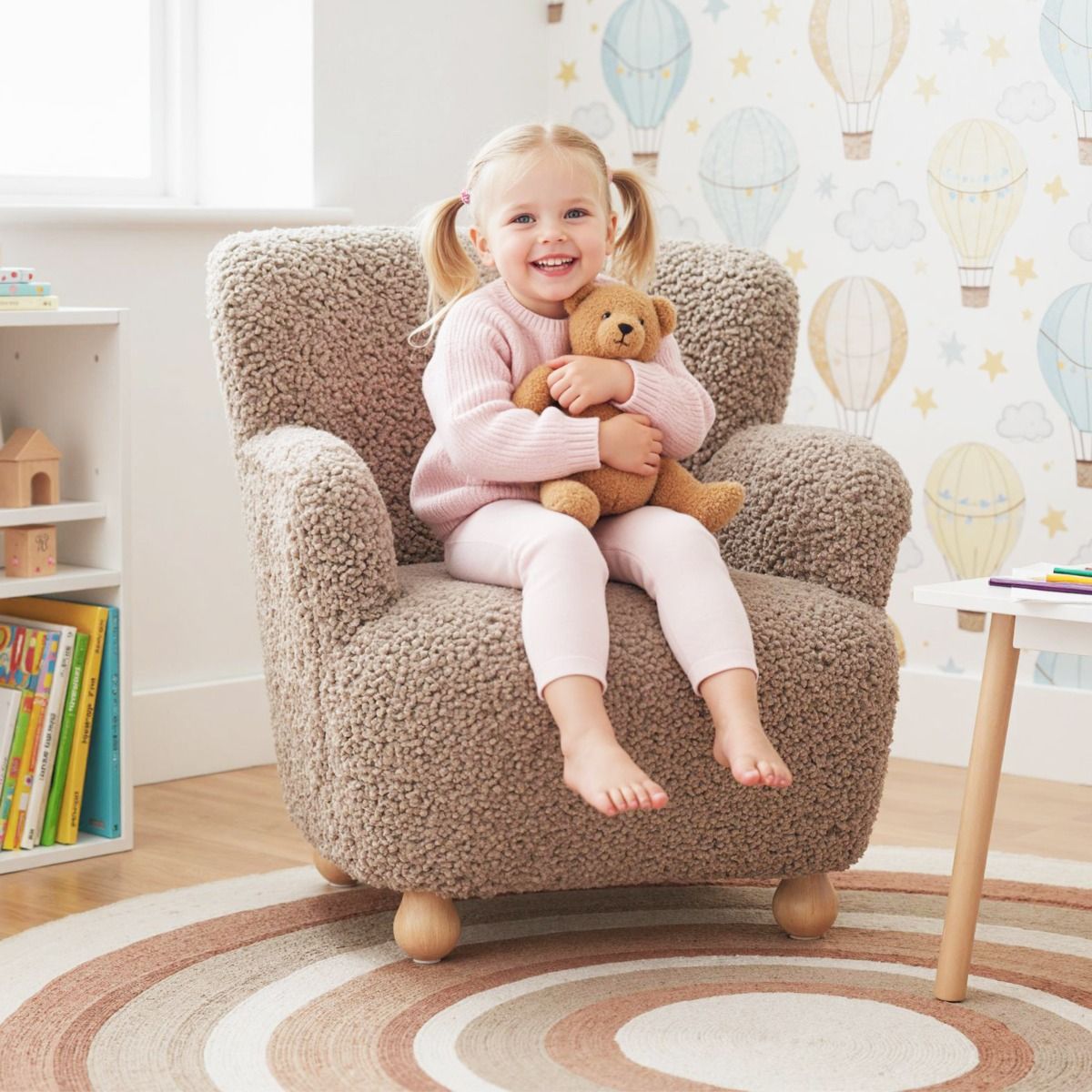 Coast Kinderfauteuil met rugleuning - houten poten - gestoffeerde kinderstoel - lichtbruin