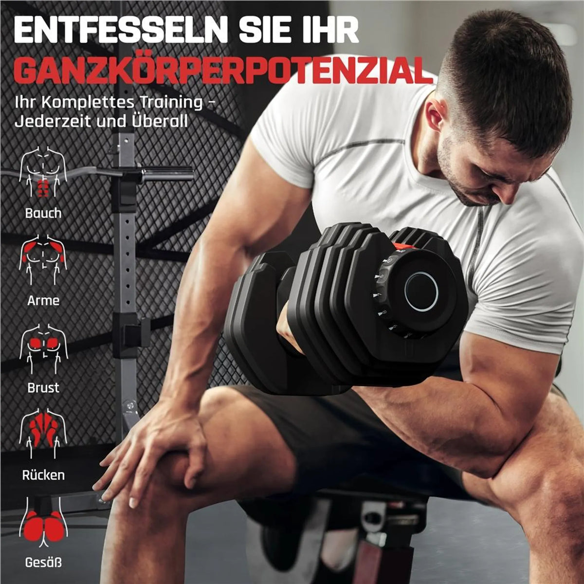 Yaheetech Verstelbare Dumbbellset 2,5-24 kg - 15-in-1 Snelinstelling - Zwart/Rood - 42x21,5x22 cm