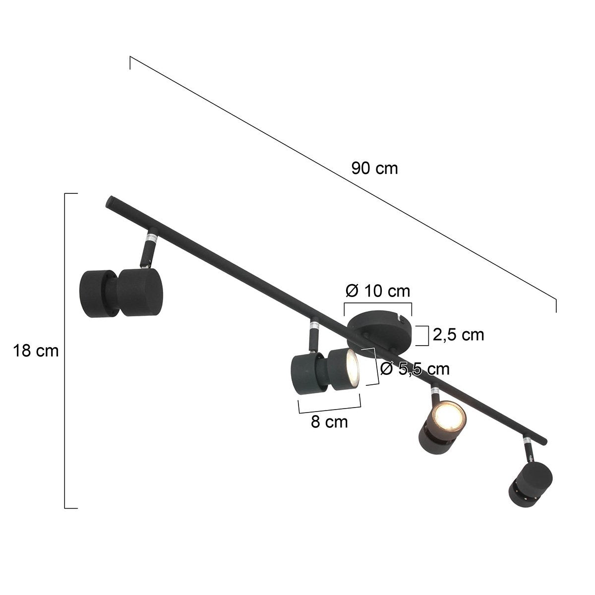 Spot Natasja 7904ZW zwarte 4-lichts plafondspot van metaal met dimbaar GU10 licht, 90 cm breed - Steinhauer Modern design