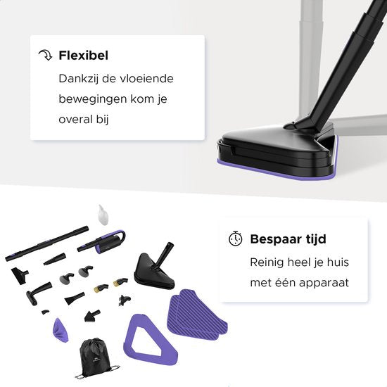 Motionflow 16-in-1 Stoomreiniger - Vlekkenreiniger - Handstomer voor diepte reiniging vloer, bank, badkamer en tapijt - Stoomdweil - Tapijtreiniger - Steam Cleaner Zwart