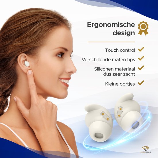Golden Sound Oordopjes slapen - Draadloze oordopjes - Oortjes draadloos - Sleep Plugs - Active Noise Cancelling 24dB - Slaap oordopjes - Geschikt voor elke laptop en smartphone - Wit