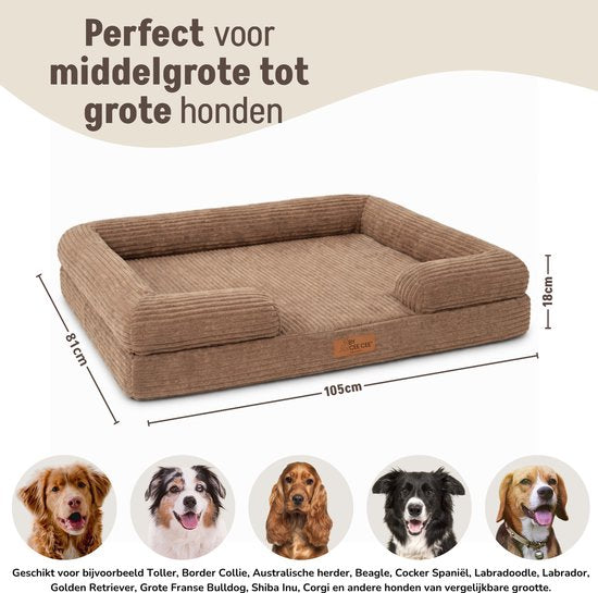 By Cee Cee Orthopedische Hondenmand – Hondenbed – Ribstof - Voor Middelgrote Honden - Bruin - 108x81cm - Moos