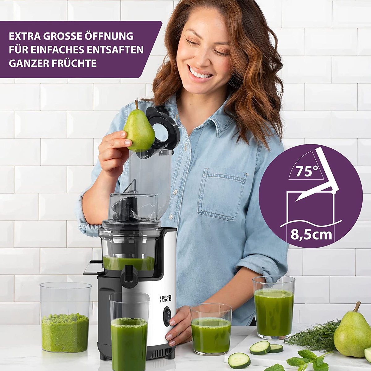 LEBENLANG Slow Juicer 45x35x25 cm – Grijs – BPA-vrije koudepers voor groente & fruit, keramische persslak, elektrische sapmaker voor selderij, wortel & smoothies