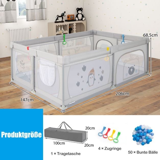 Coast Babybox met 50 Ballen en 2 Ritsdeuren - Grijs - 205 x 147 x 68,5 cm