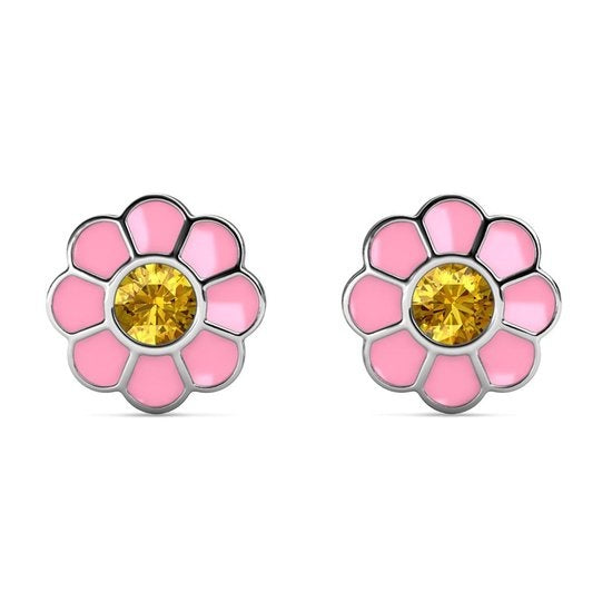 Yolora Kids Roze Bloemen Oorbellen - Kalpa Camaka Kristallen - 18K Witgoud Verguld - Kind - Meisjes Oorknopjes Zilver kleurig - Sieraden Kinderen - Luxe Giftbox - Geschenkdoos - Cadeau doos - Geschenkverpakking - Mooie Cadeauverpakking