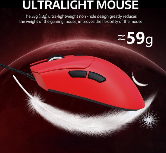 ATTACK SHARK R1 Superlight Gamingmuis 59g – Rood – 12,2 × 6,4 × 3,8 cm – Draadloos & Bedraad – Tot 18.000 DPI – 65 Uur Batterijduur