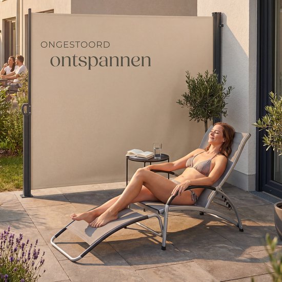 tectake® Uitschuifbaar Windscherm met Oprolmechanisme - 300 x 180 cm - Zijluifel met Aluminium Frame- Zonnescherm - Tuinscherm - Beige Balkonscherm - Ondoorzichtbaar Privacyscherm - Markiesdoek