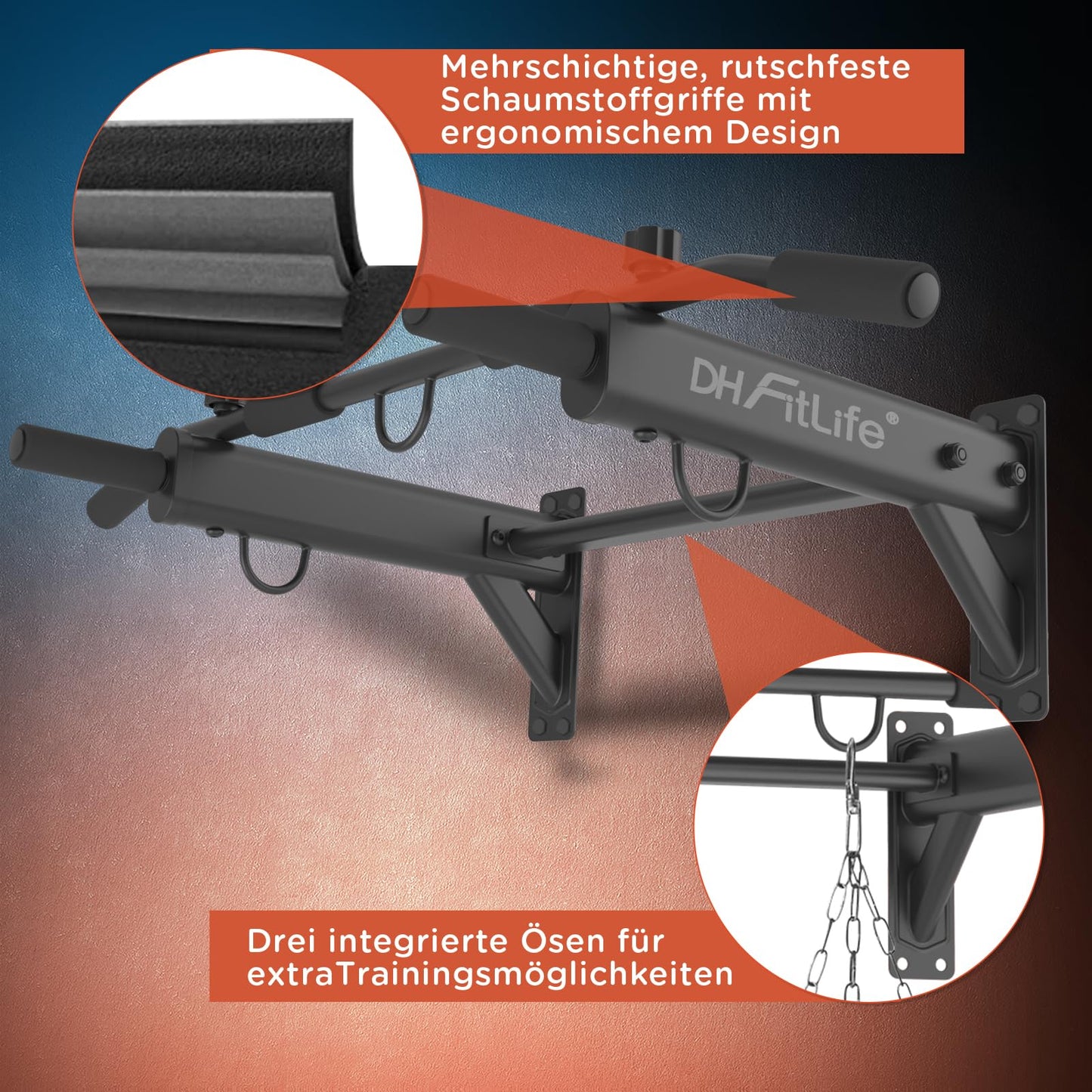 DH FitLife Optrekstang - 4-in-1 - Wandmontage - 200kg - 100x26cm - Zwart