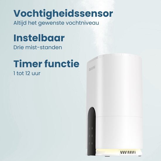 Auronic Luchtbevochtiger - 4 Liter - 40m2 - Geschikt voor Woonkamer, Kantoor, Slaapkamer, Babykamer en Meer - Met Aromatherapie - BPA-Vrij - Wit