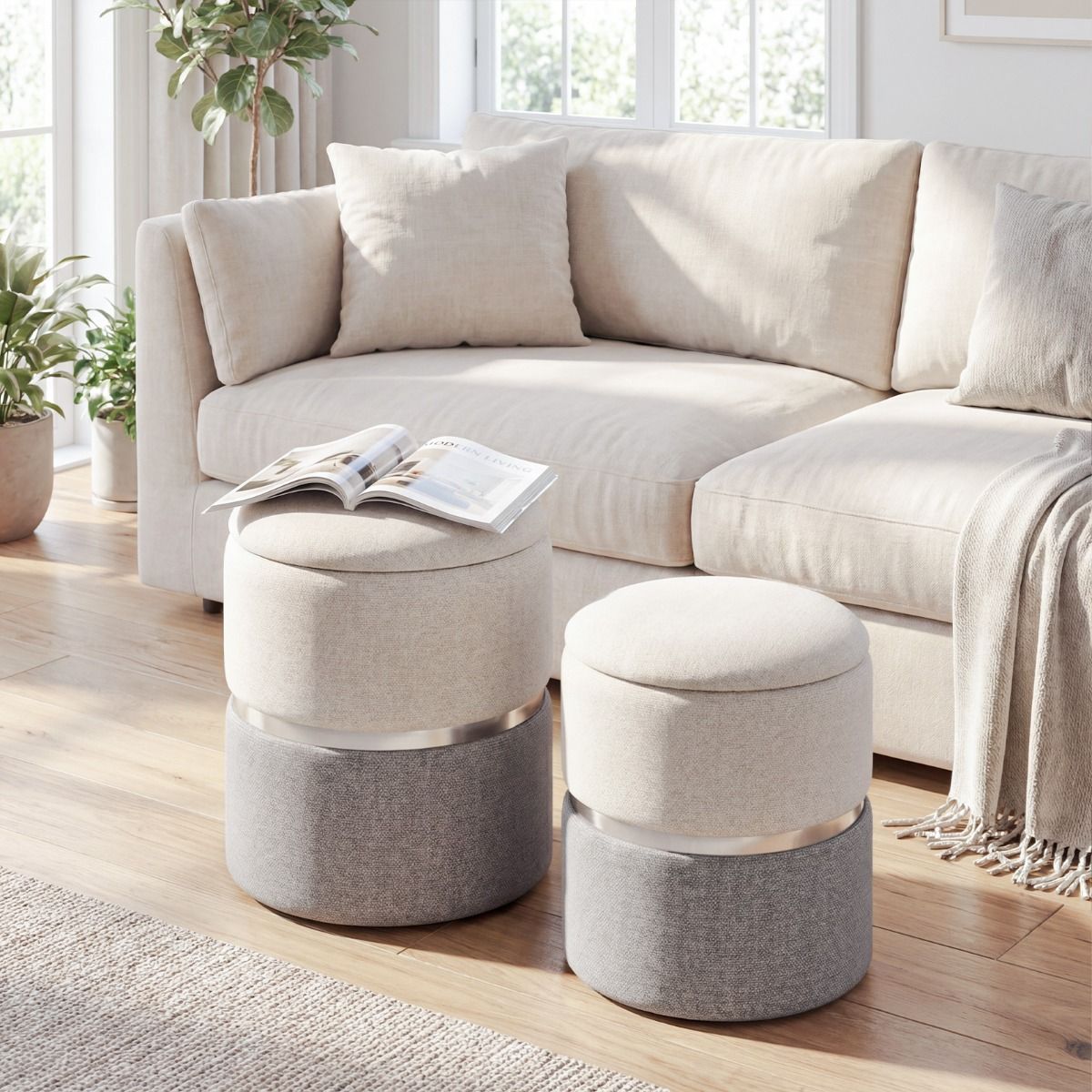 Coast Opbergpoefenset - set van 2 ronde poefs - linnen stof - zilveren accentring - beige en grijs