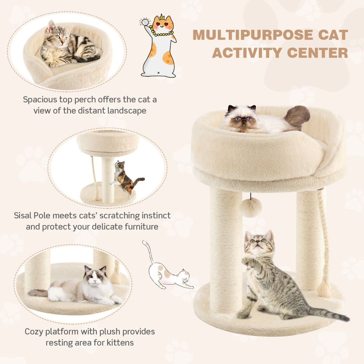 Coast Cat Tree Cat krabpaal met zachte stoel sistale toren voor katten beige