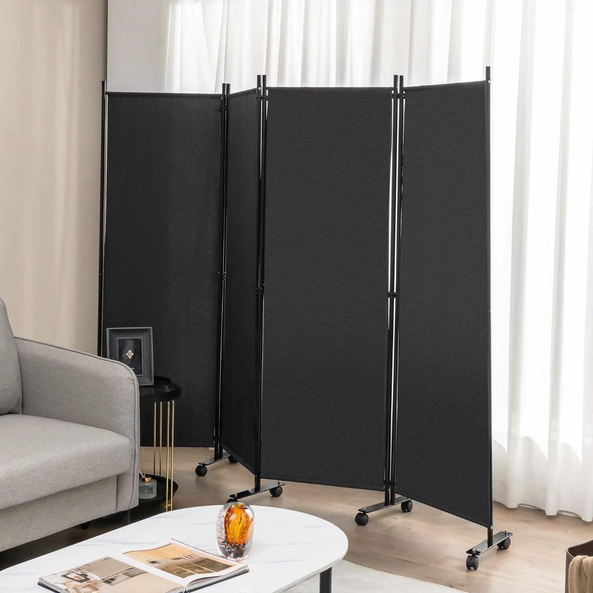 4-Delige Opvouwbare Ruimteverdeler met Wieltjes – 225 x 173 cm – Grijs – Inkijkbescherming en Scheidingswand