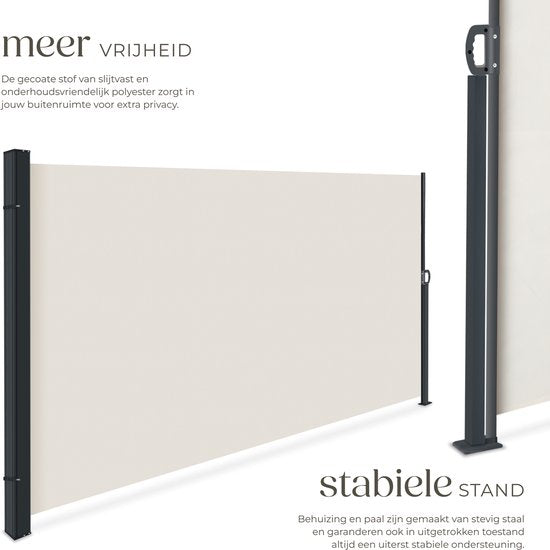 tectake® Uitschuifbaar Windscherm met Oprolmechanisme - 300 x 180 cm - Zijluifel met Aluminium Frame- Zonnescherm - Tuinscherm - Beige Balkonscherm - Ondoorzichtbaar Privacyscherm - Markiesdoek