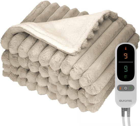 Auronic Elektrische Deken - 200 x 180cm - 2 Persoons - Warmtedeken - 3 Warmtestanden - Pluche - Verwarmingsdeken - Taupe