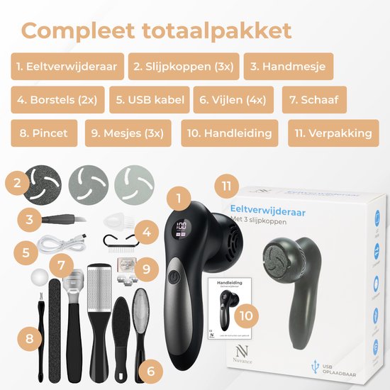 Nuvance - Elektrische Eeltverwijderaar - Incl. 3 Eeltschijven - Eeltverwijderaars Elektrisch - Professionele Eelt Verwijderaar Set, 10 Delige Pedicureset - Voetvijl - Usb Oplaadbaar