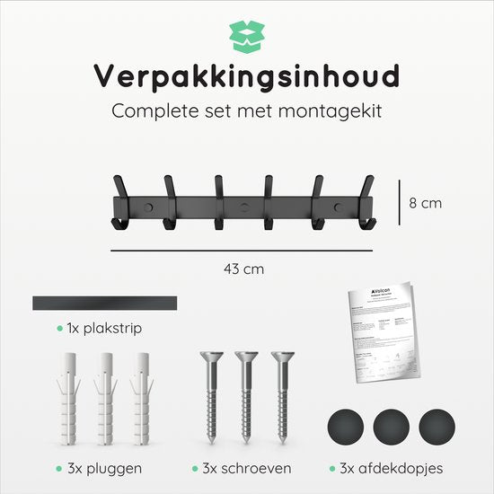 Volcan Wandkapstok - 12 Haken - RVS - Muur Kapstok Hangend - Industrieel - 3M Tape - Zwart