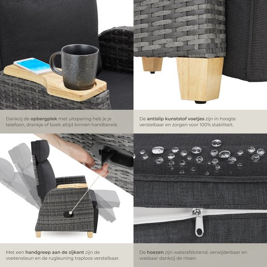 tectake® - Wicker buitenfauteuil - Stoel met hoge rugleuning - Voetsteun en verstelbare rugleuning - Relaxstoel met ligfunctie - Loungemeubel voor tuin - Ligstoel - Leesstoel - Incl. ruimte voor beker/glas