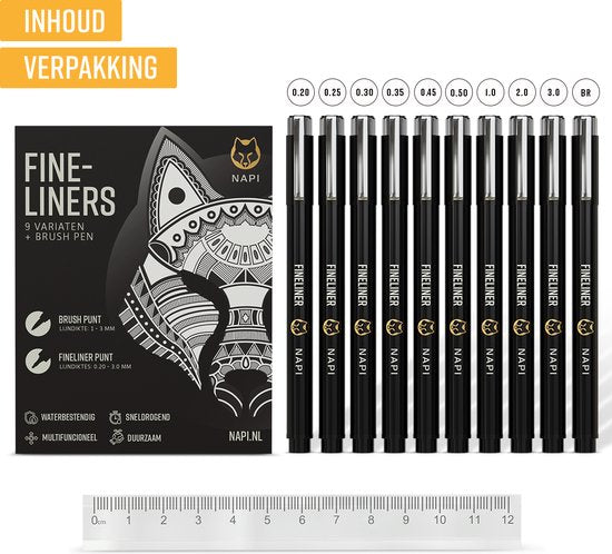 NAPI 10 Fineliners Zwart Incl. Brush Pen & Liniaal - 0,2 tot 3mm - Pennen Zwart - Bullet Journal Accessoires - Tekenpennen Set