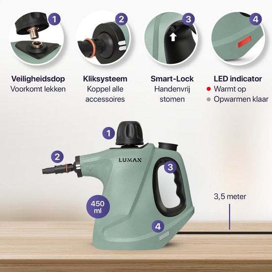 LUMAN 16 in 1 Stoomreiniger C3 - Stoomvergrendelingsfunctie - Handstoomreiniger - Handstomer - Vlekkenreiniger - Tapijtreiniger - Incl. Opbergtas en 16 Opzetstukken - 1050 Watt - 450 ML - Groen