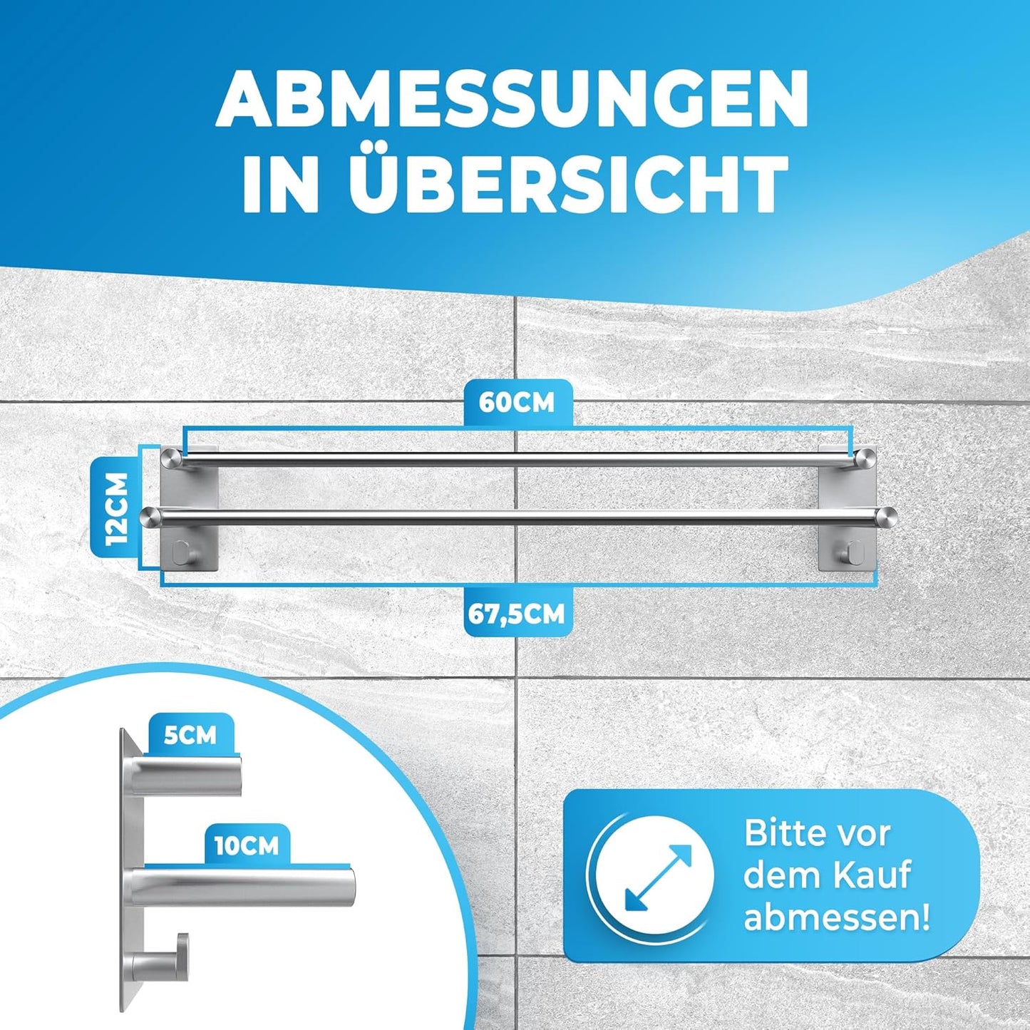 LOBUX® - Handdoekstang zonder boren - 60cm, roestvrij staal - Handdoekstang badkamer dubbel, zelfklevend - Handdoekstang, handdoekrek incl. 2 handdoekhaken - voor badkamer, douchewand, keuken