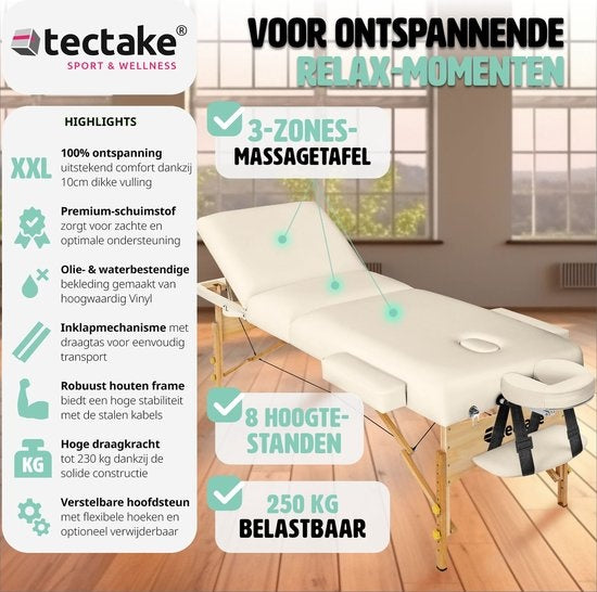 tectake® - Massagetafel met matras van 10 cm hoog + draagtas behandeltafel massage tafel - beige - behandelbank – incl. opbergtas – opvouwbaar