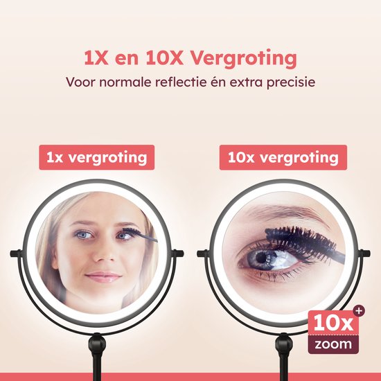 Fraay® Make Up Spiegel met LED Verlichting - 10x Vergroting - Vergrootspiegel met Licht - Oplaadbaar - Scheerspiegel - Badkamerspiegel - Zwart