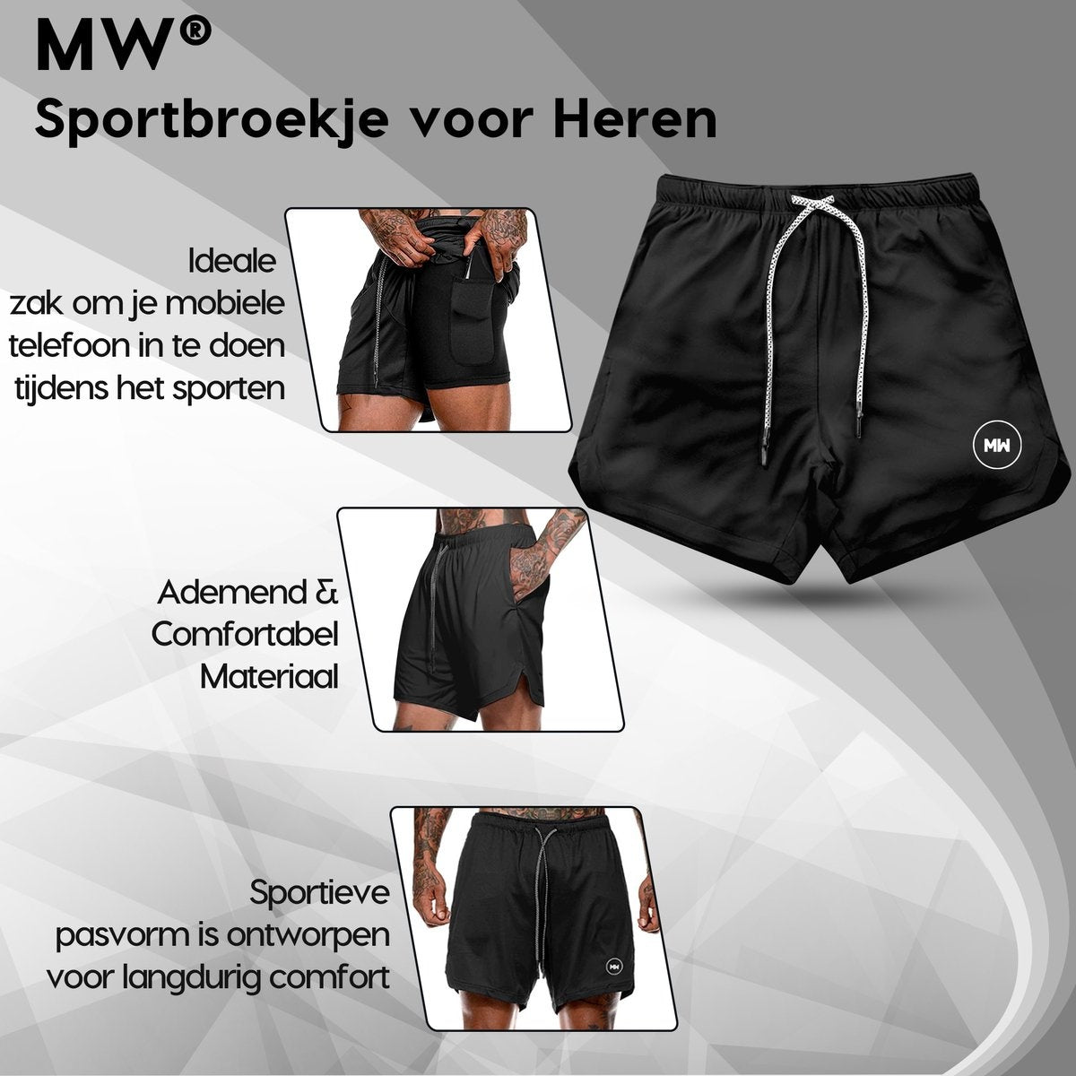 MW – Sportbroek Voor Heren – Maat M & 2-in-1 Design – Voorzien Van Mobiel Zak En Elastische Tailleband – Voor Gym En Hardlopen – Zwart Polyester