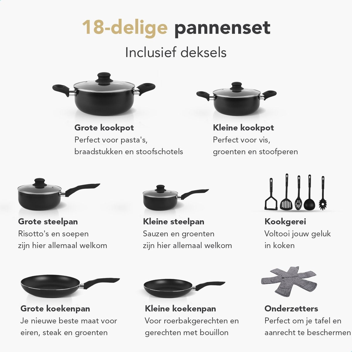 Rochester Pannenset - 18-delig - Aluminium - Non-stick - Incl. Deksel - Zwart