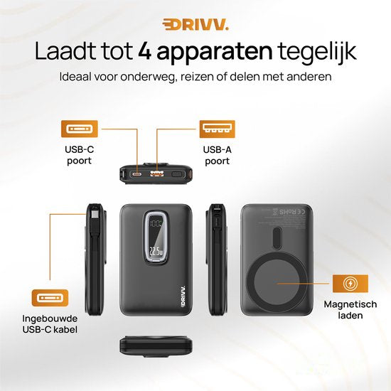 Powerbank 10.000 mAh geschikt voor MagSafe met USB C Kabel - 3 in 1 Ontwerp - 22.5W Draadloze Powerbank - Inclusief 60W Oplaadkabel - Snellaadfunctie - USB & USB C - Zwart