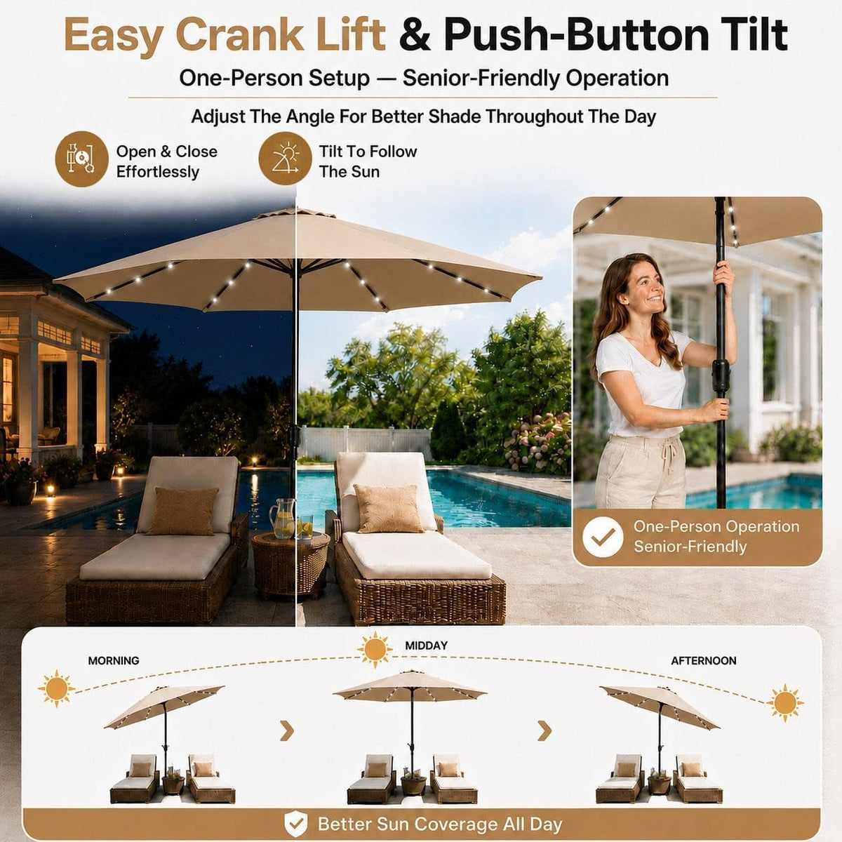 Yaheetech parasol met solarverlichting - 32 ledlampjes - Ø 9 ft - kleur Tan