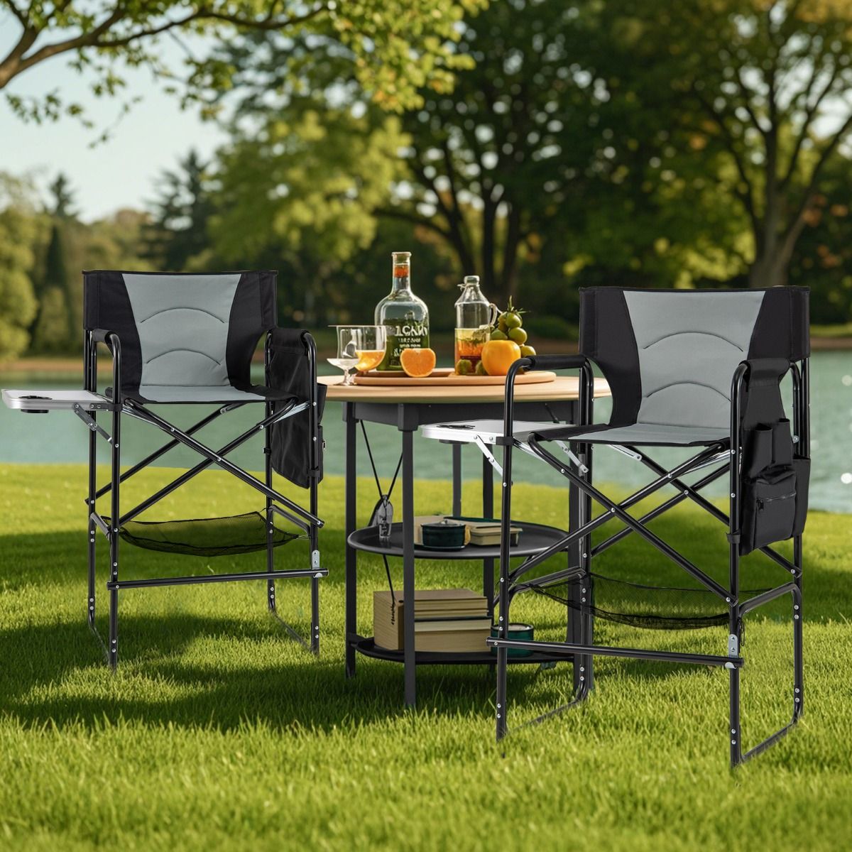 Coast Campingstoel Opvouwbaar Regisseursstoel met Zijtafel, Voetensteun en Opbergvakken – Zwart/Grijs – 65 x 53 x 116,5 cm