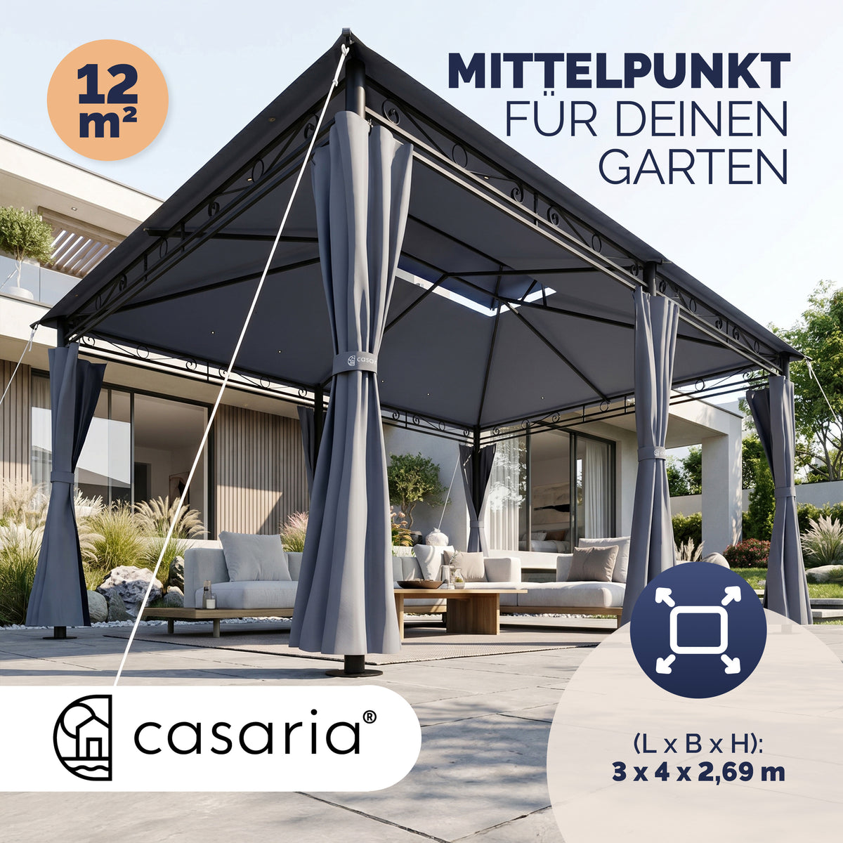 Casaria Topas Paviljoen 3 x 4 m - Met Zijwanden en Ventilatiedak - UV-bescherming 50+ - Stalen Frame - Antraciet