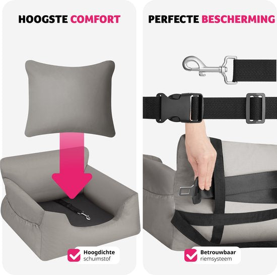 tectake® Hondenautostoel – Gestoffeerd met Veiligheidslijn & Zijvakken – 55 x 50 x 29 cm – Grijs