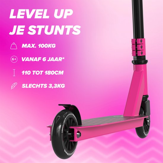 LifeGoods Stuntstep Fly X - 6+ Jaar - Step voor Kinderen - Jongens/Meisjes - 100mm - 100KG - Zwart/Roze